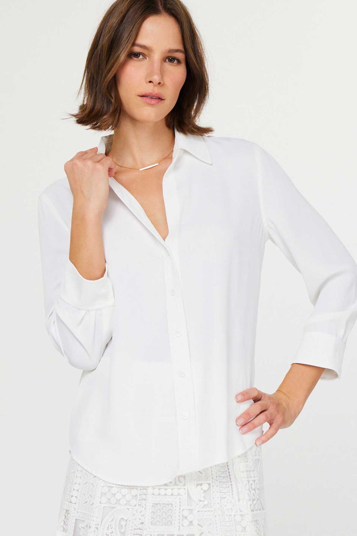 Three Quarter Sleeve Button Down Shirt White