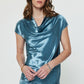 Cowl Neck Combo Blouse Dusty Blue