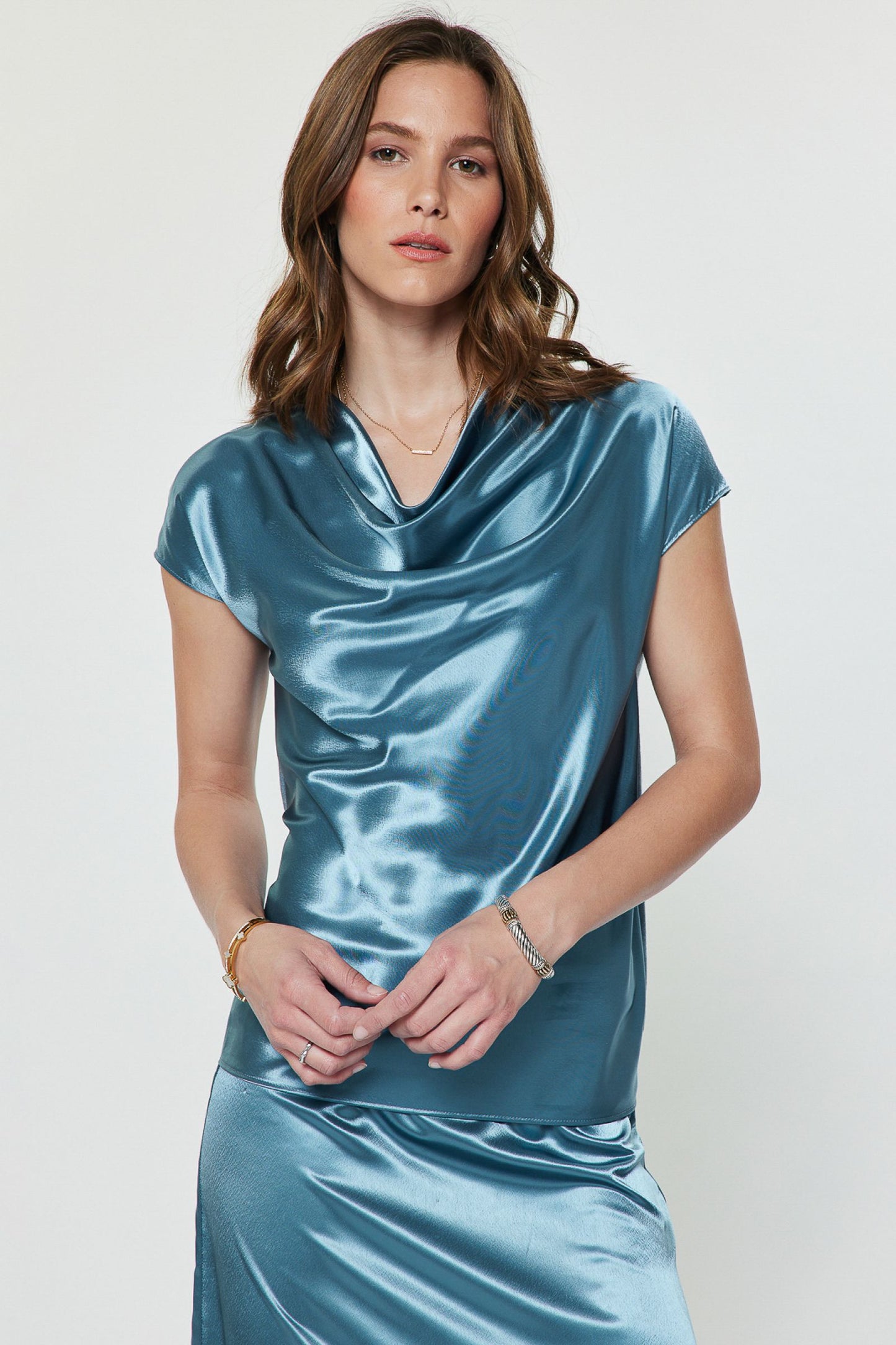 Cowl Neck Combo Blouse Dusty Blue