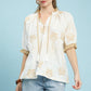 Embroidered Palm Print Tassel Tie Top Off White