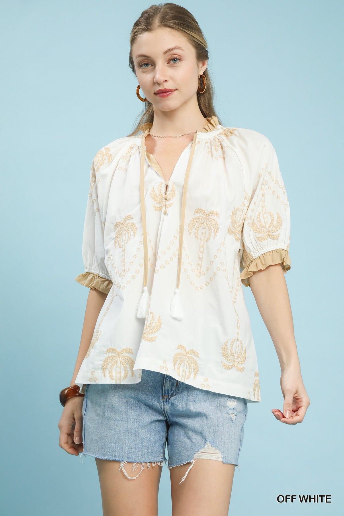 Embroidered Palm Print Tassel Tie Top Off White