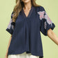 Embroidered Balloon Sleeve Notch Neck Blouse Navy