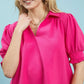 Seersucker Puff Sleeve Blouse Fuchsia