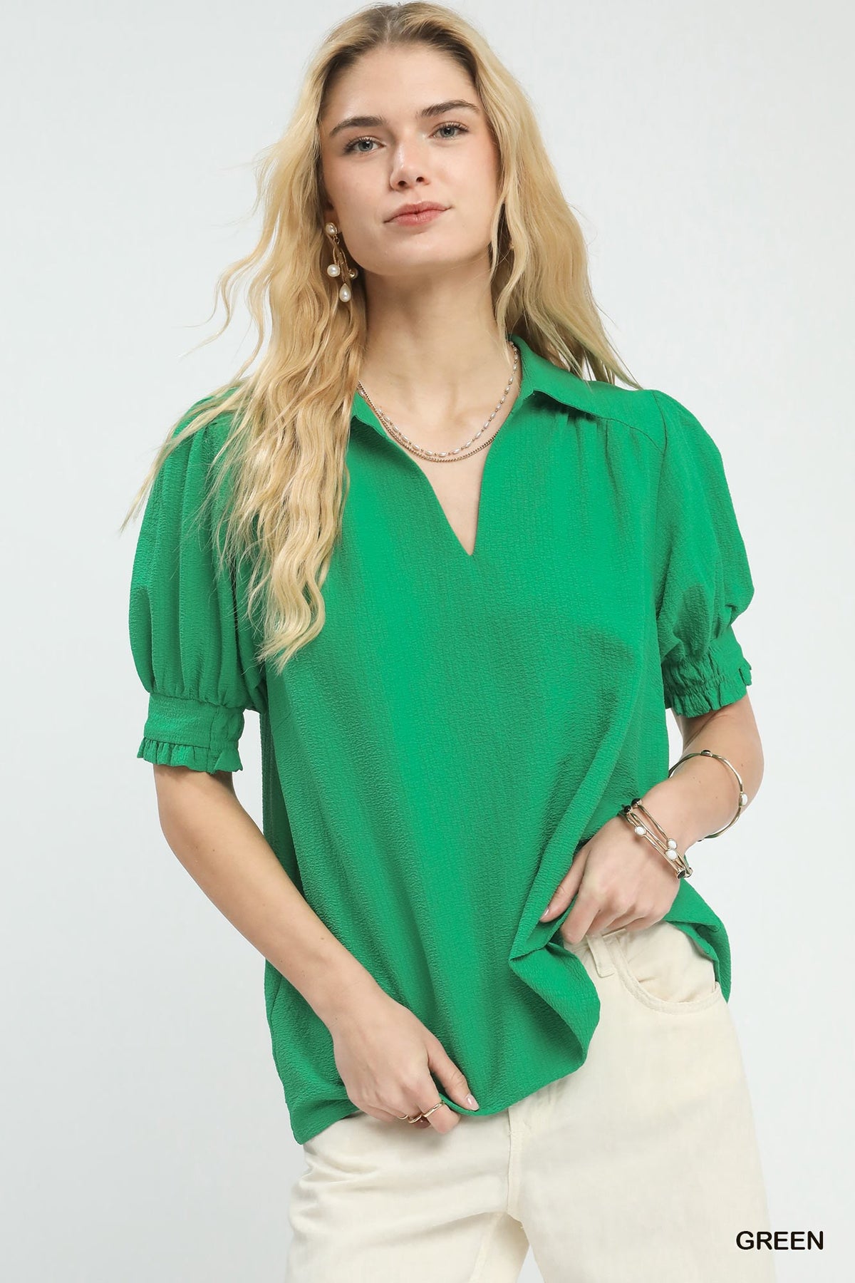 Seersucker Puff Sleeve Blouse Green