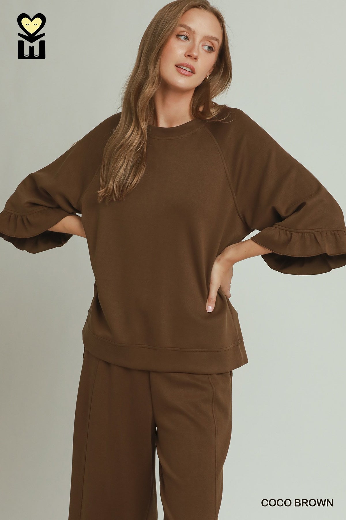 Luxeknit Round Neck Ruffle Sleeve Top Coco Brown