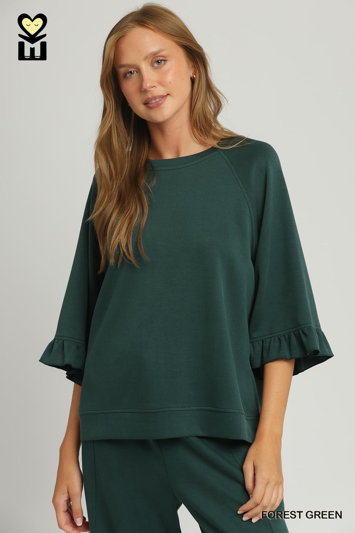 Luxeknit Round Neck Ruffle Sleeve Top Forest Green