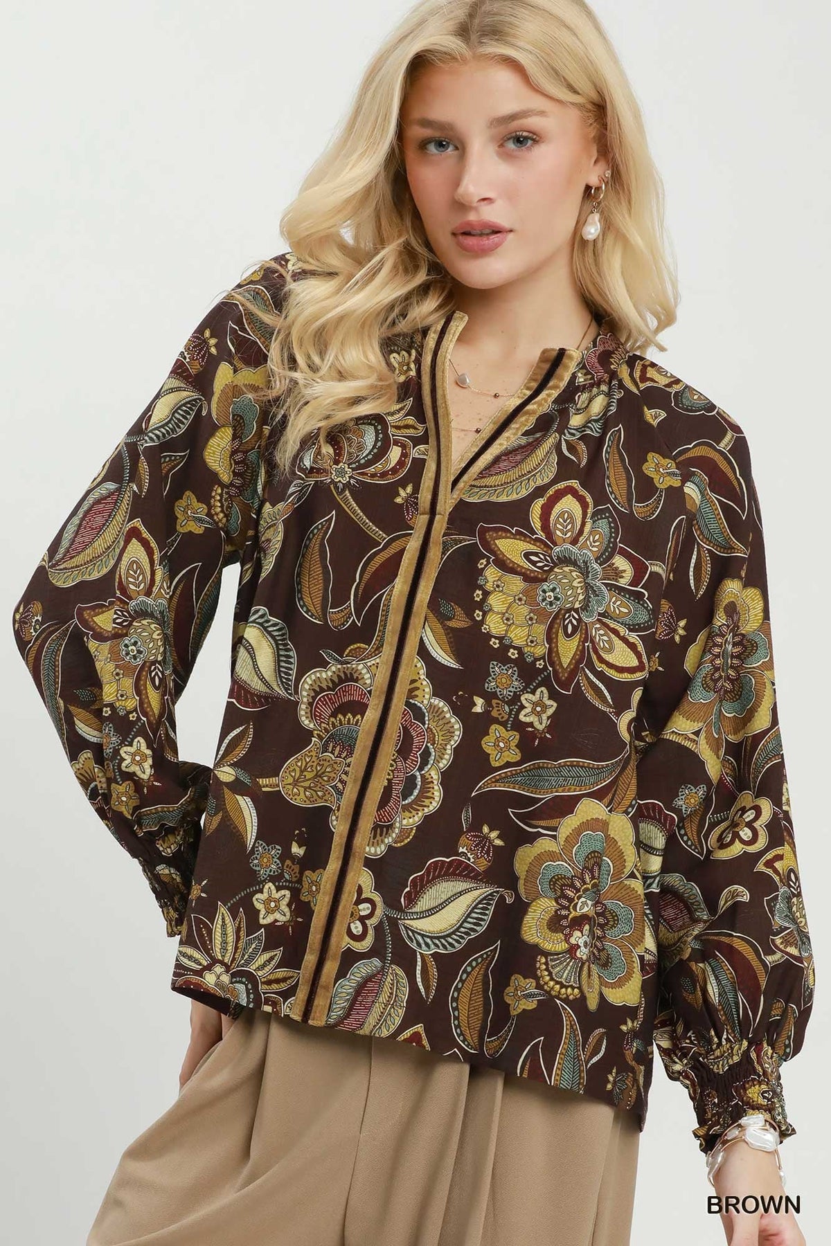 Floral Print Long Sleeve Blouse Brown