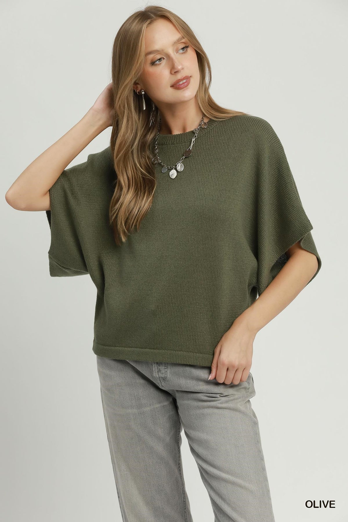 Oversized Short Sleeve Poncho Sweater Olive