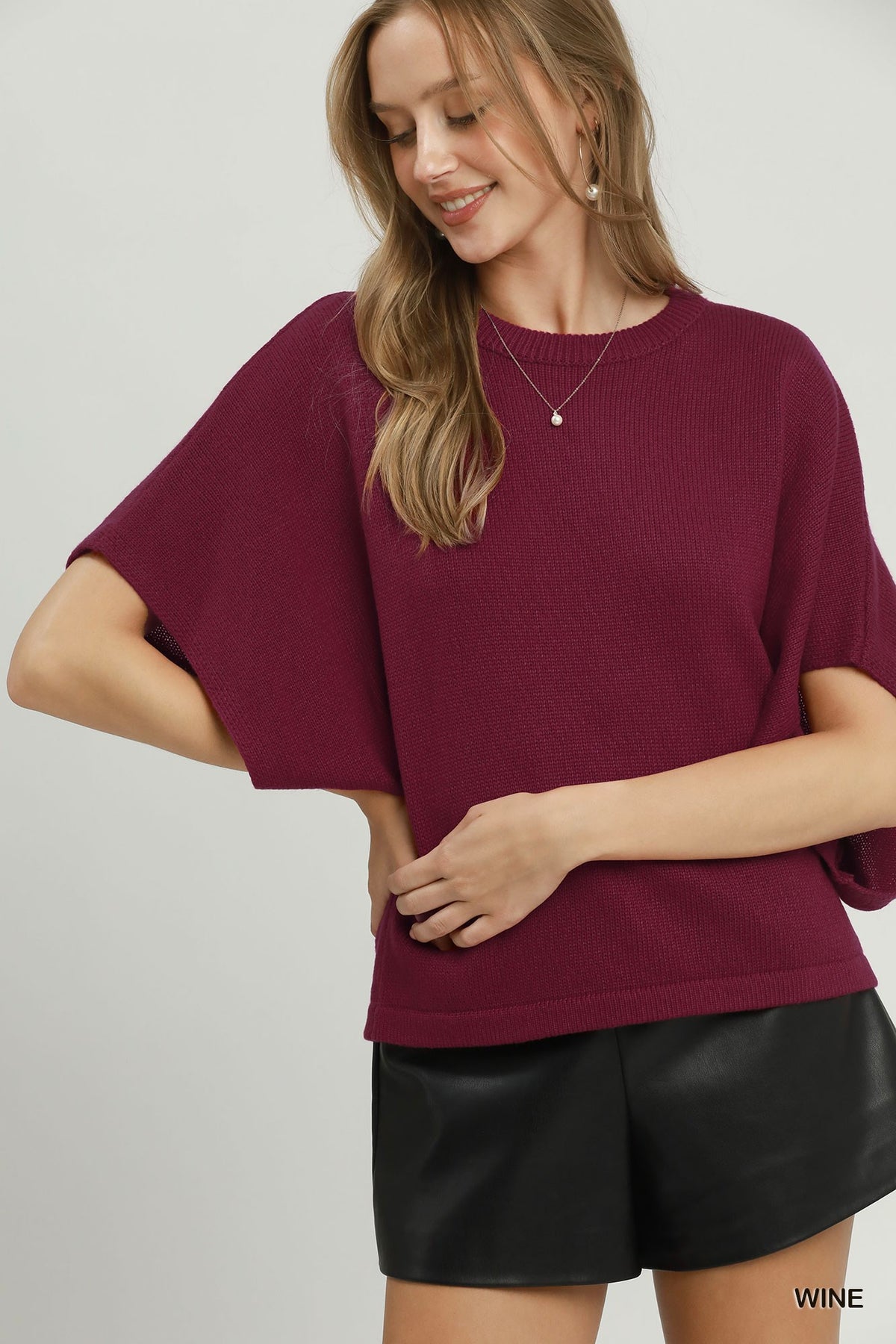 Oversized Short Sleeve Poncho Sweater Wine