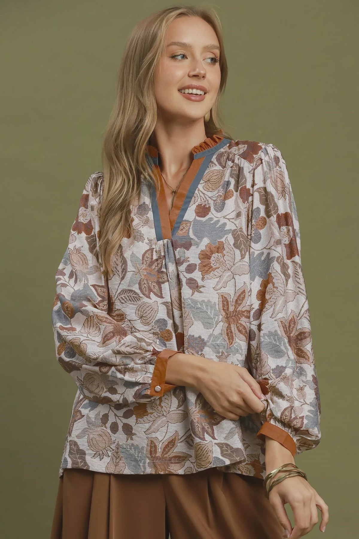 Floral Contrast Trim Long Sleeve Top Rust Mix