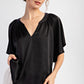 Pleated Notch Neck Short Sleeve Top Black