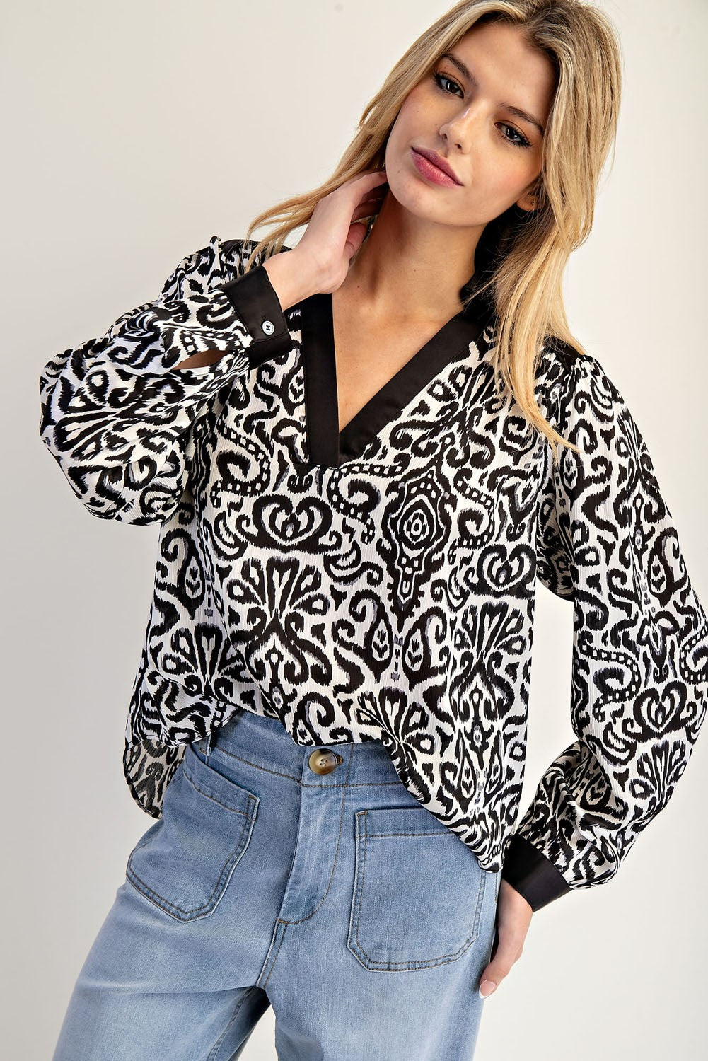 Contrast Pattern Long Sleeve Blouse Black