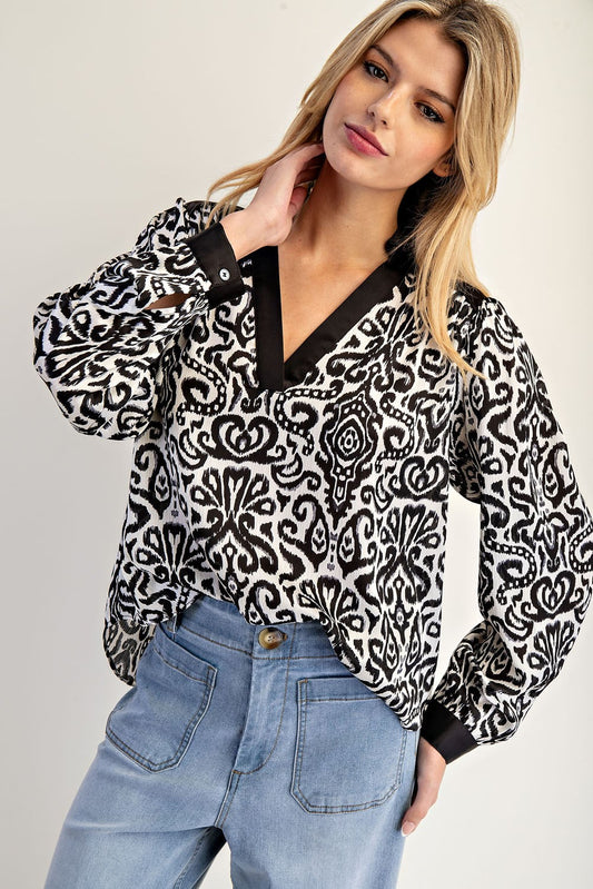 Contrast Pattern Long Sleeve Blouse Black