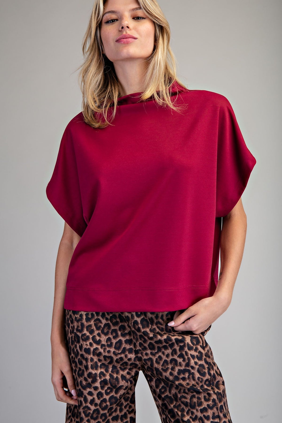 Solid Mock Neck Short Sleeve Top Wine