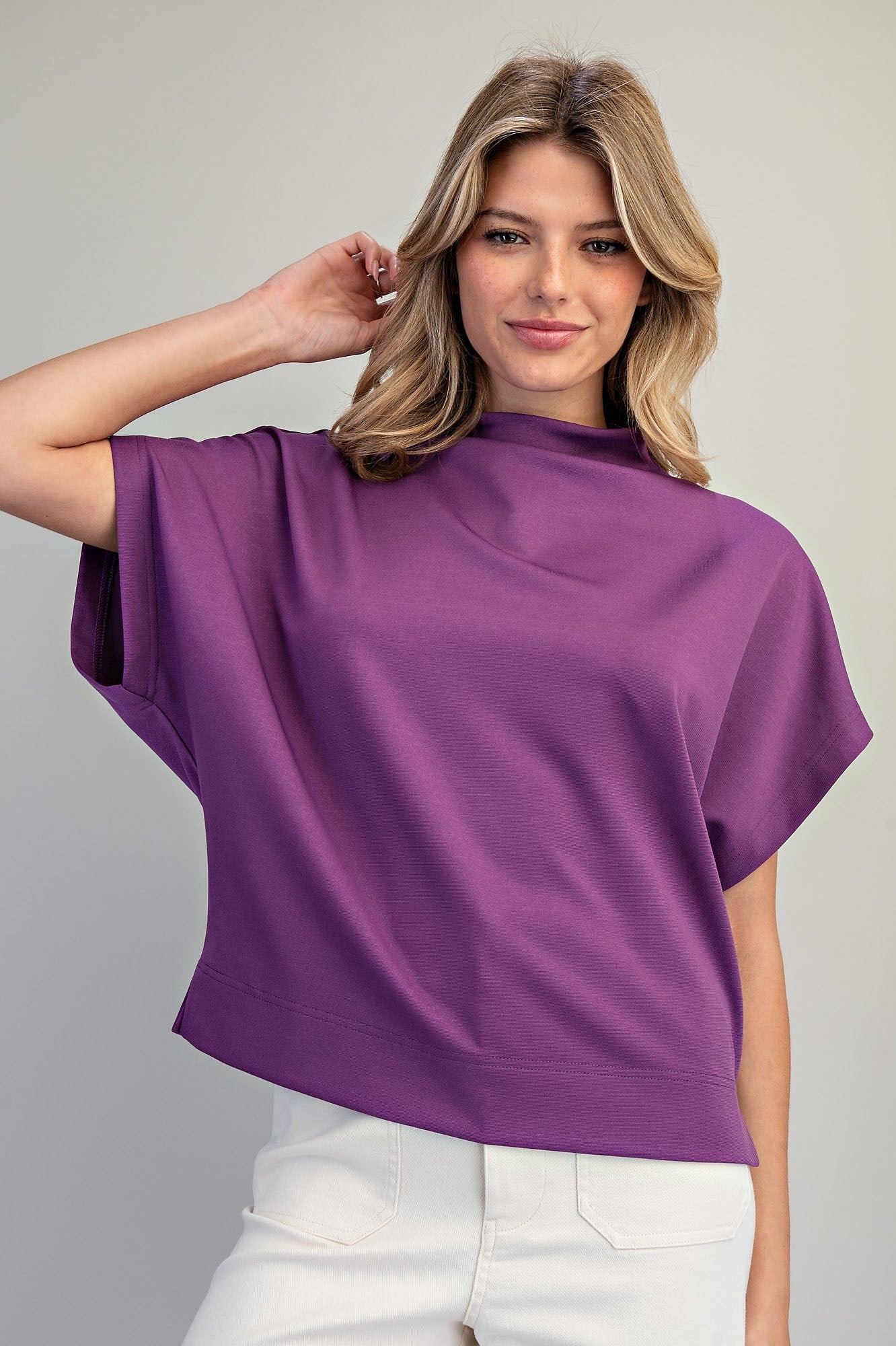 Solid Mock Neck Short Sleeve Top Plum Jam