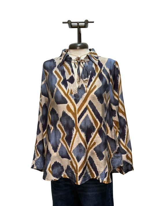 Abstract Print Tie-Neck Blouse