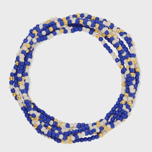 Seed Bead Stretch Game Day Bracelet 2mm Blue/White/Gold