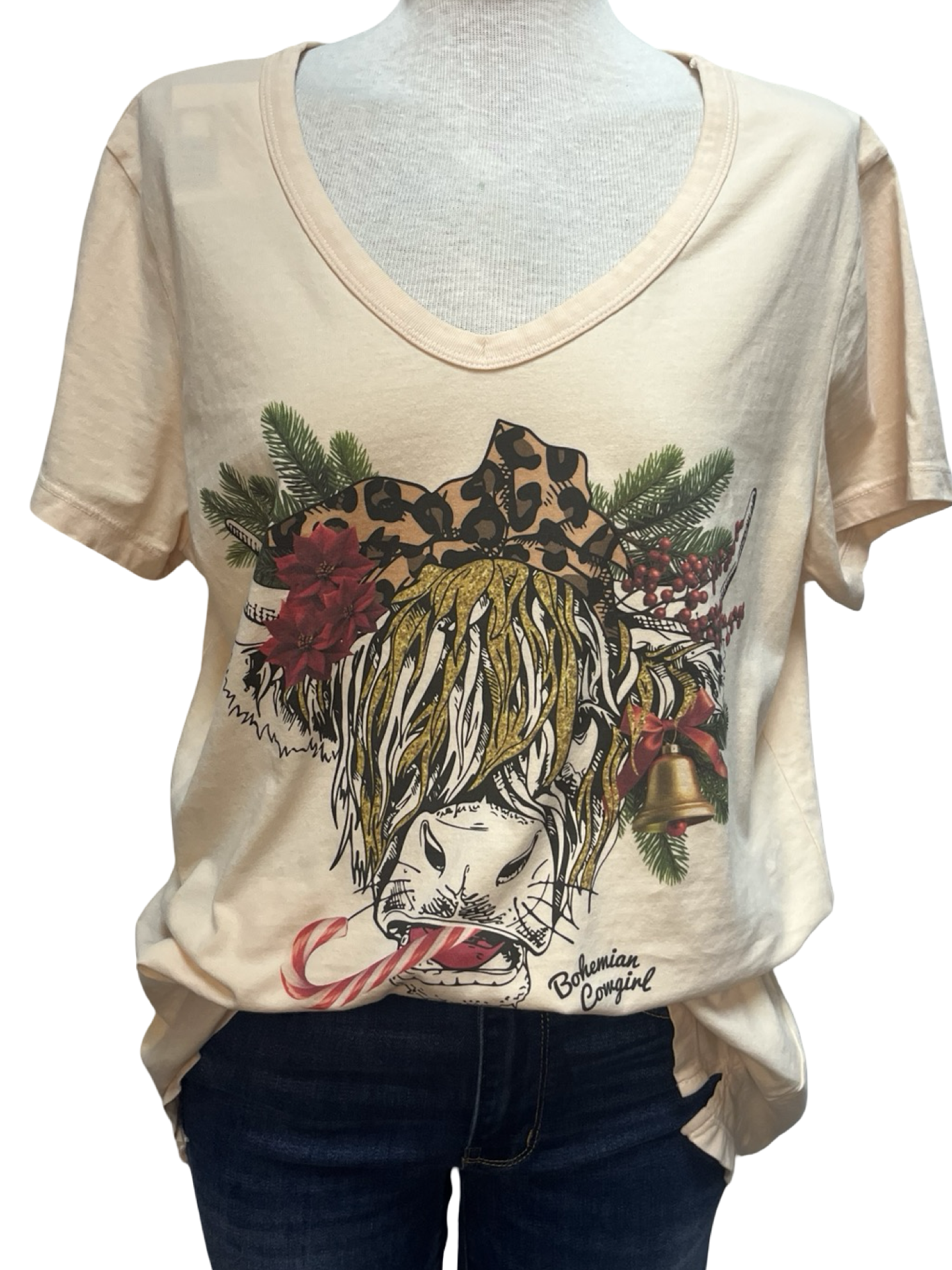 Candycane Cow V Neck Tee