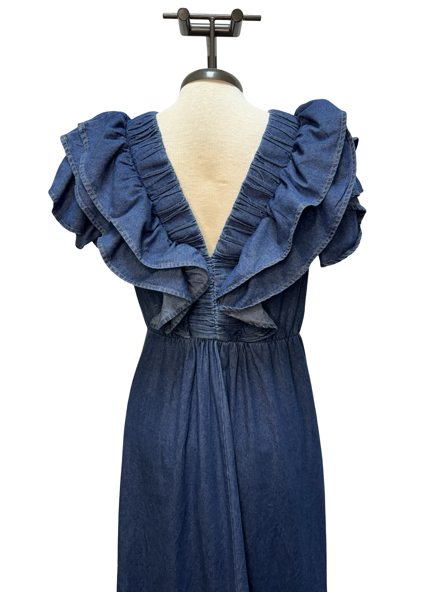 Chambray Flutter Sleeves Midi Dress Denim