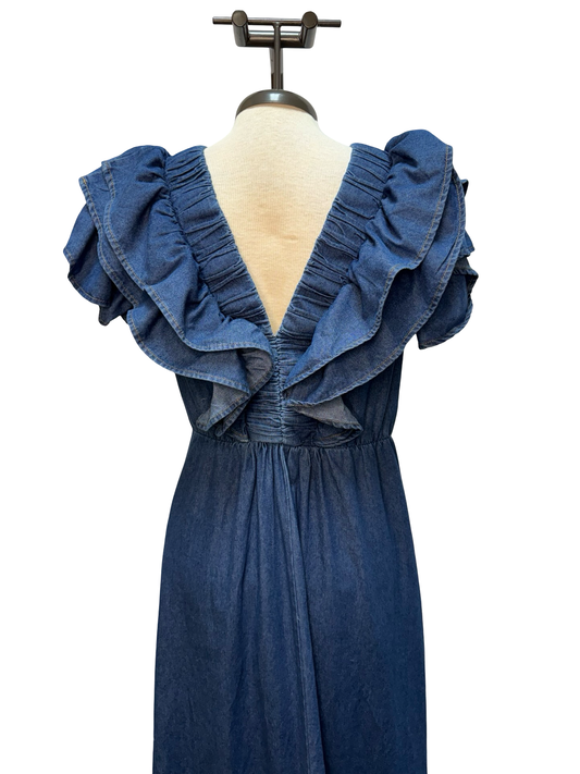 Chambray Flutter Sleeves Midi Dress Denim