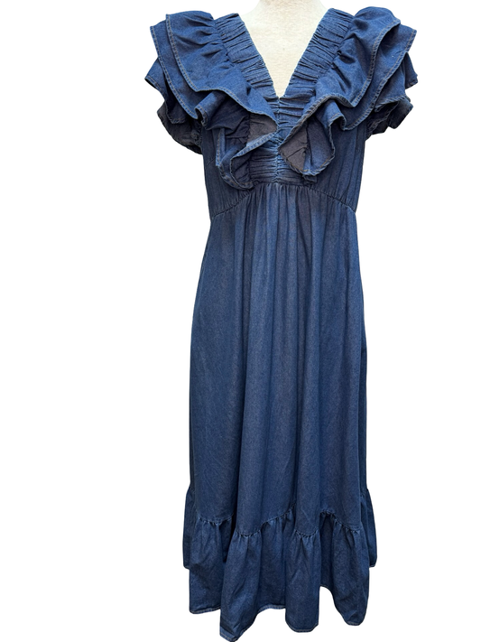 Chambray Flutter Sleeves Midi Dress Denim