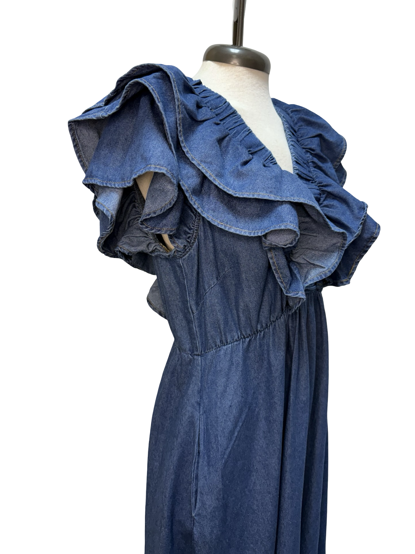 Chambray Flutter Sleeves Midi Dress Denim