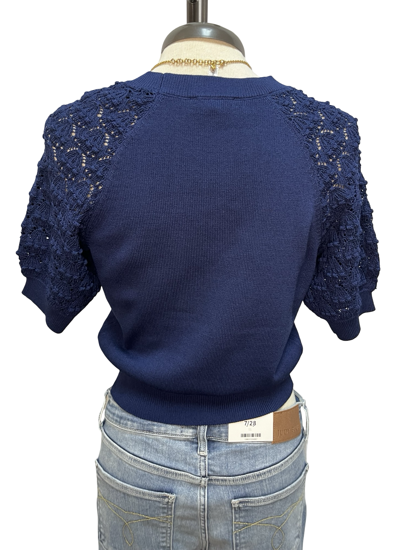Crochet Sleeve Detail Knit Sweater Top Navy
