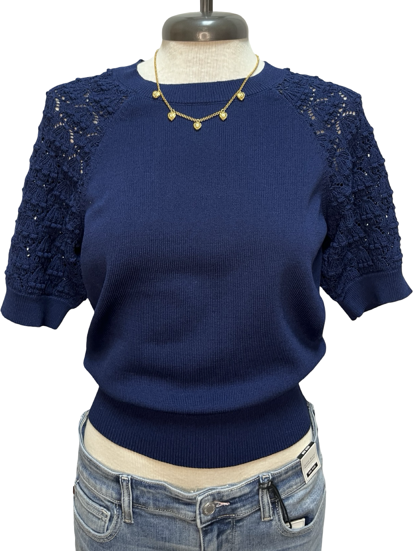 Crochet Sleeve Detail Knit Sweater Top Navy