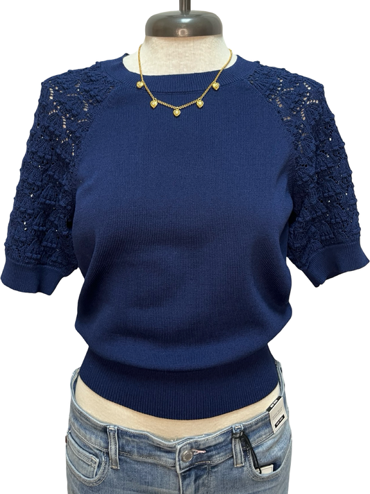 Crochet Sleeve Detail Knit Sweater Top Navy