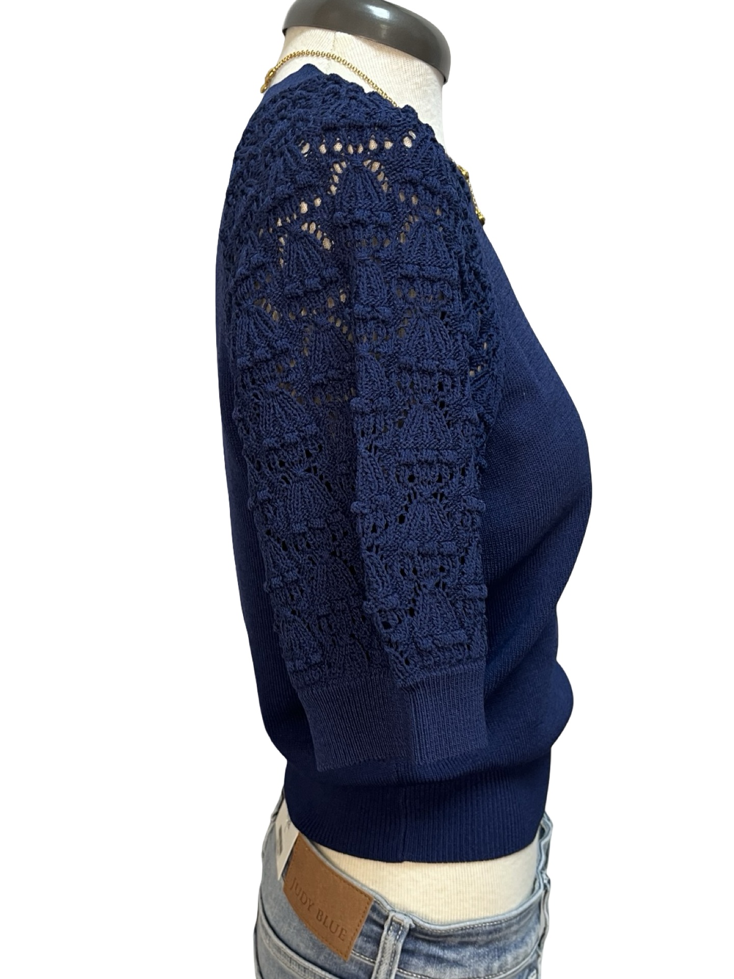 Crochet Sleeve Detail Knit Sweater Top Navy