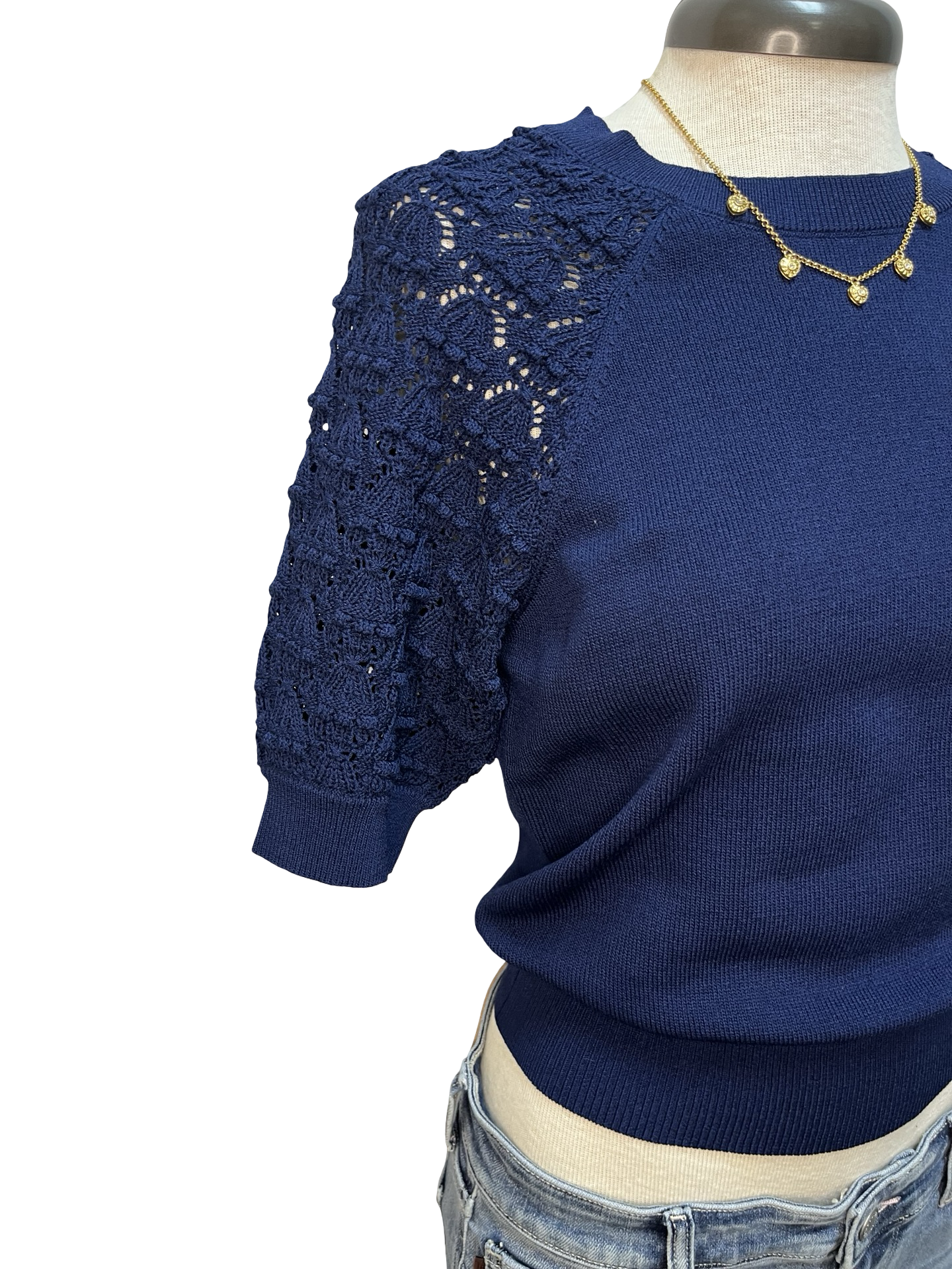 Crochet Sleeve Detail Knit Sweater Top Navy