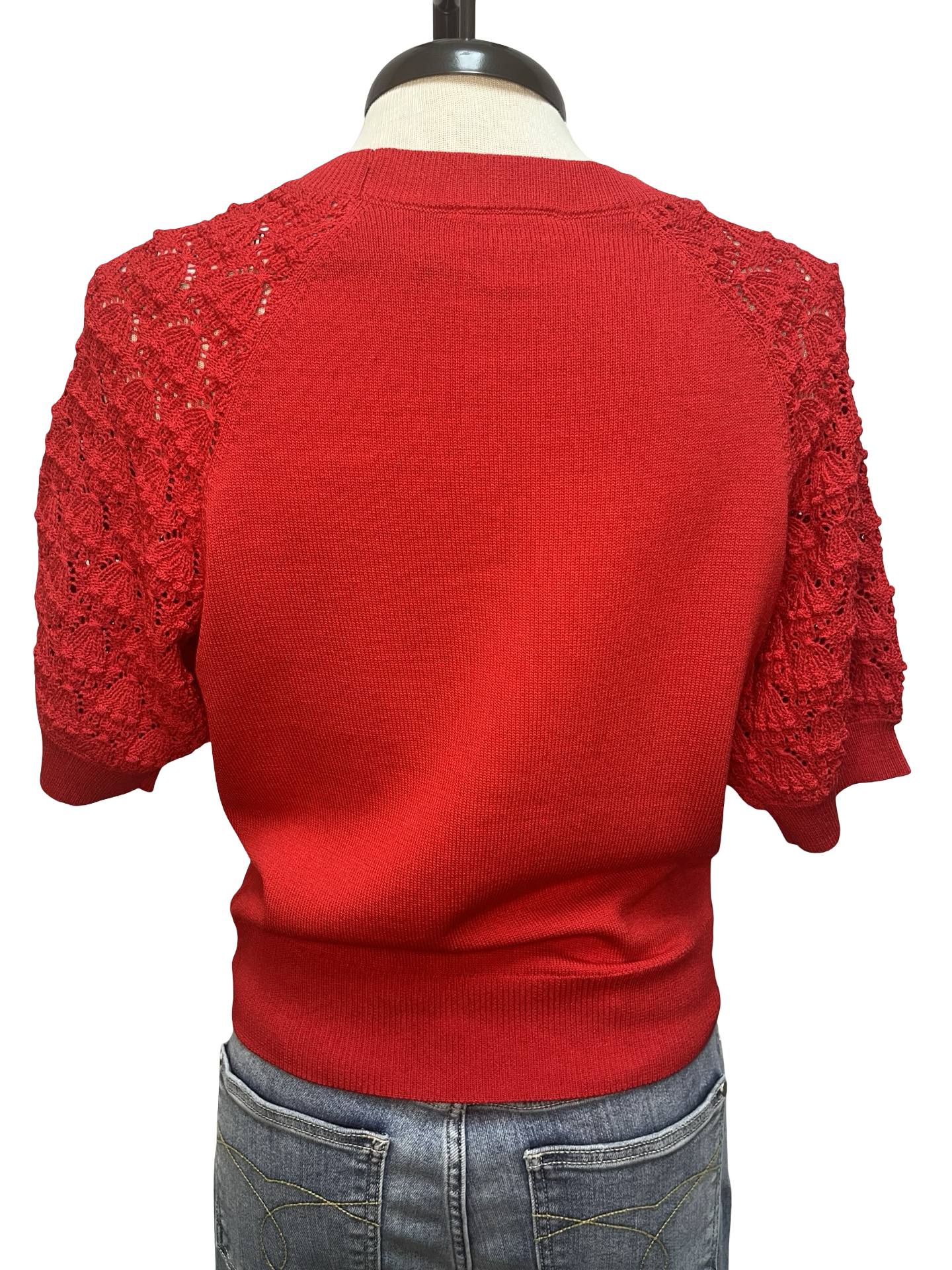 Crochet Sleeve Detail Knit Sweater Top Red