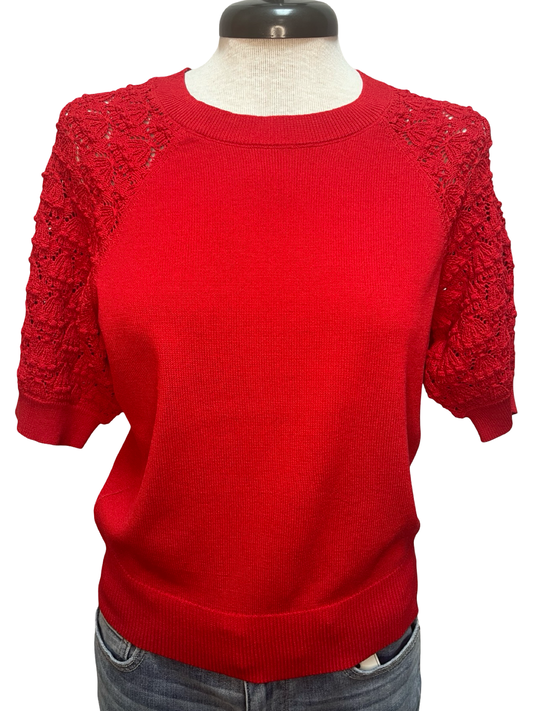 Crochet Sleeve Detail Knit Sweater Top Red