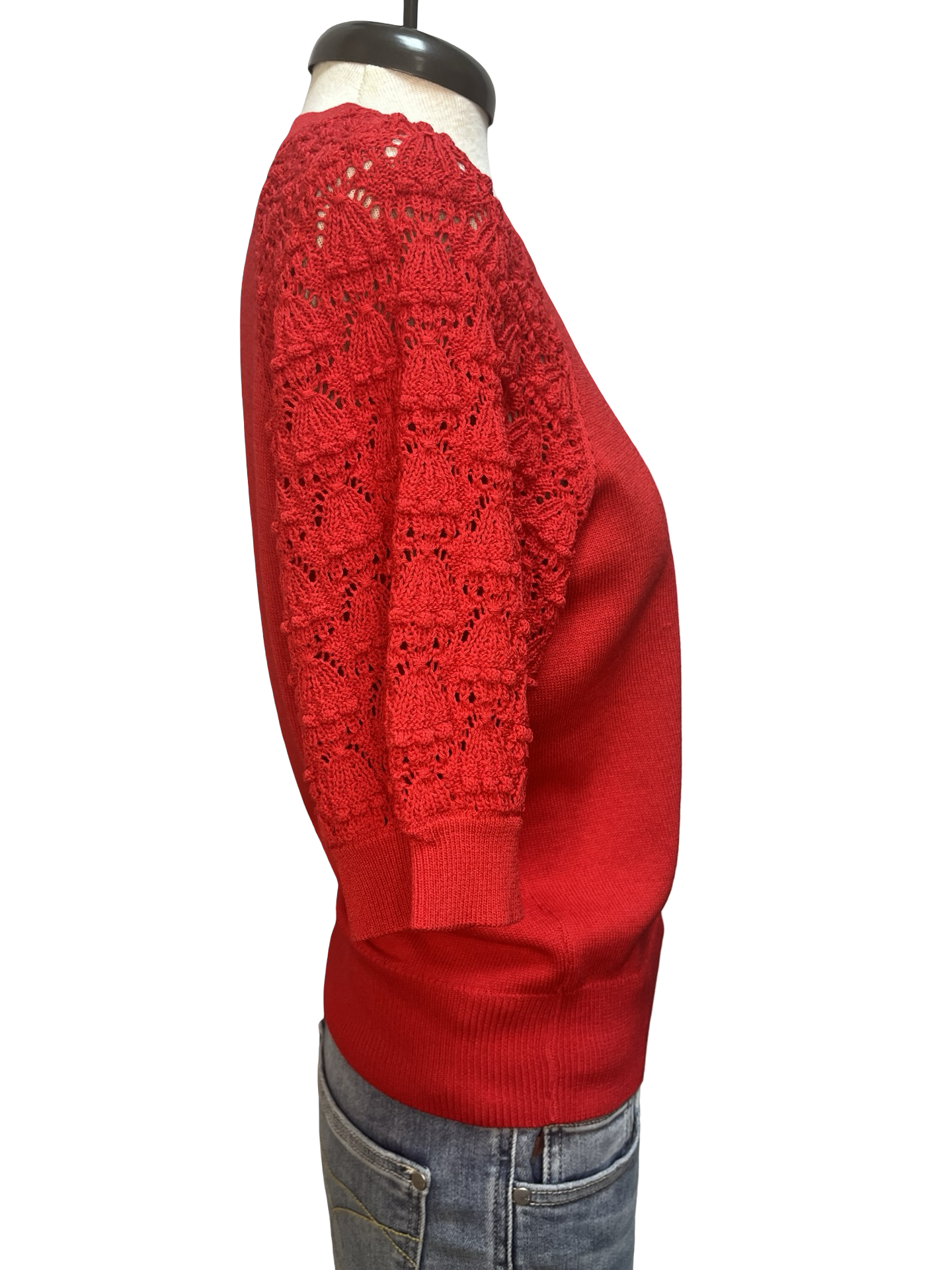 Crochet Sleeve Detail Knit Sweater Top Red