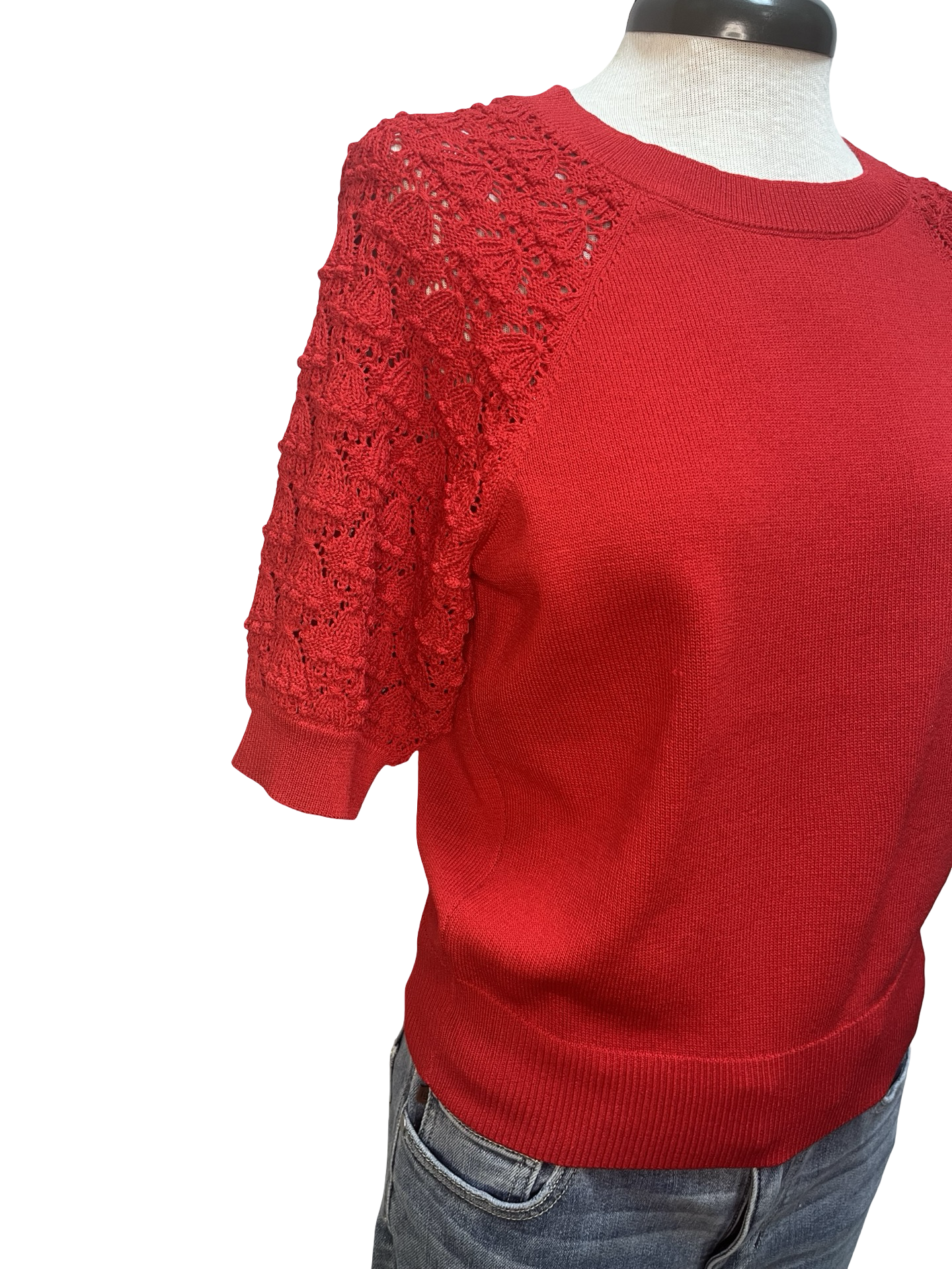 Crochet Sleeve Detail Knit Sweater Top Red