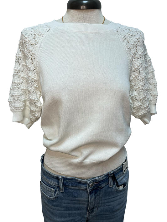 Crochet Sleeve Detail Knit Sweater Top White