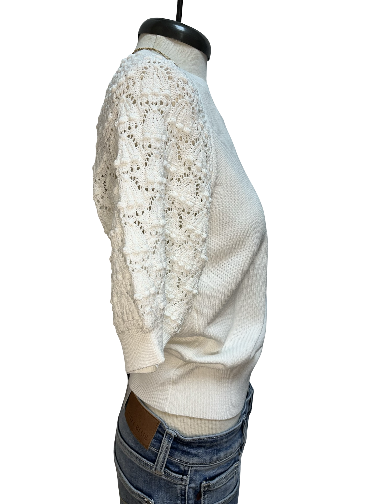 Crochet Sleeve Detail Knit Sweater Top White