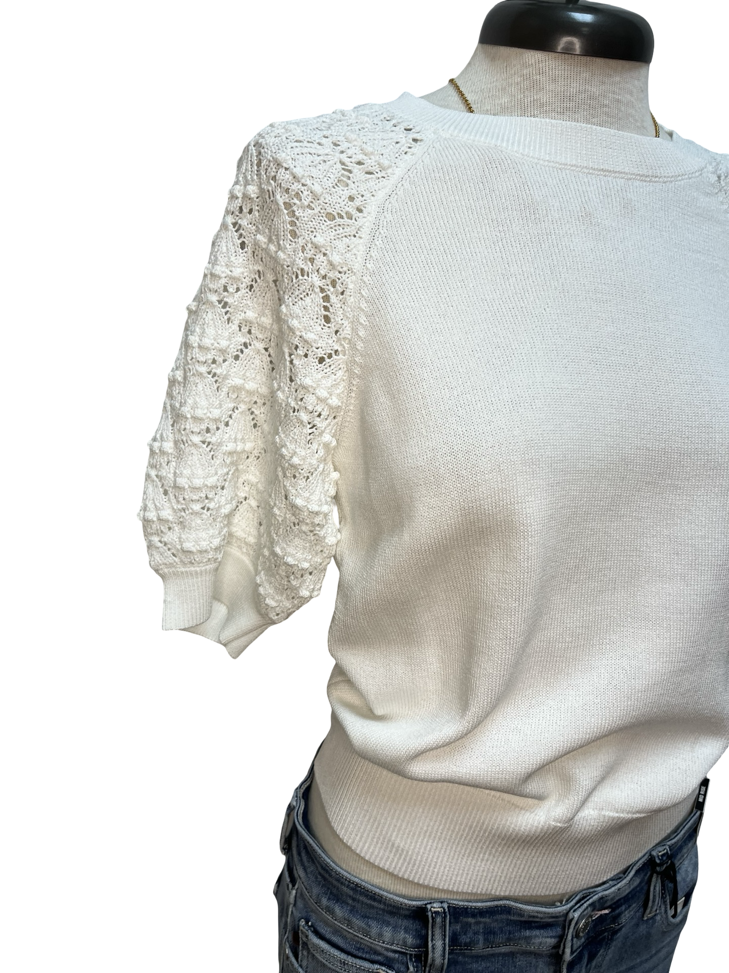 Crochet Sleeve Detail Knit Sweater Top White