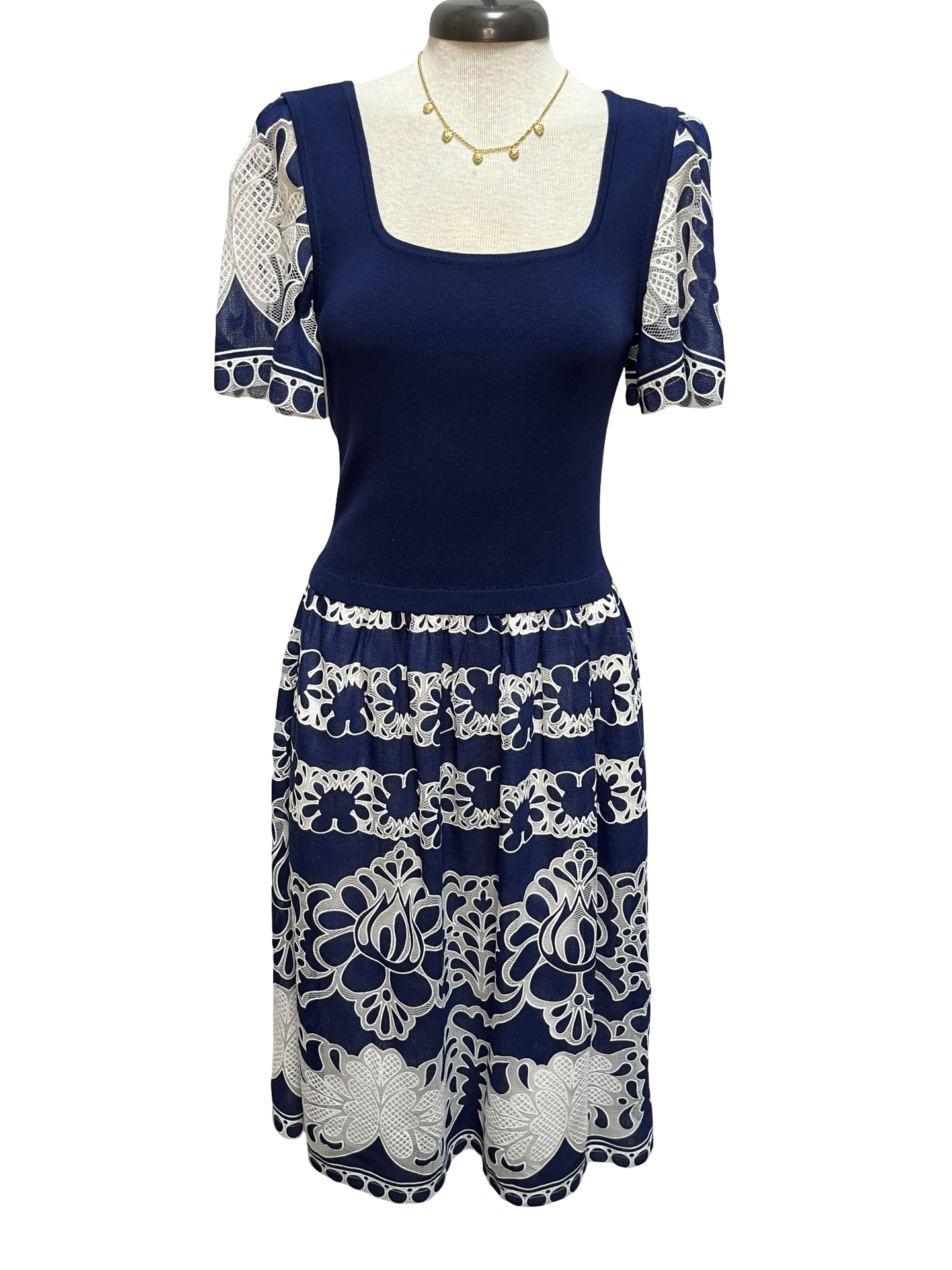 Lace Embroidered Mixed Media Dress Deep Cobalt