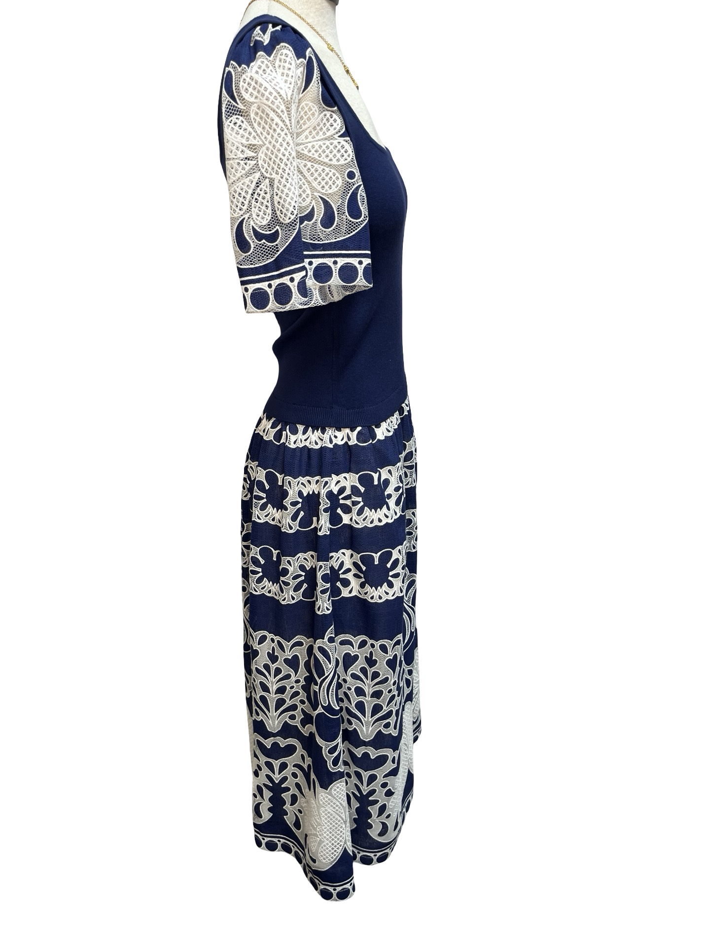 Lace Embroidered Mixed Media Dress Deep Cobalt