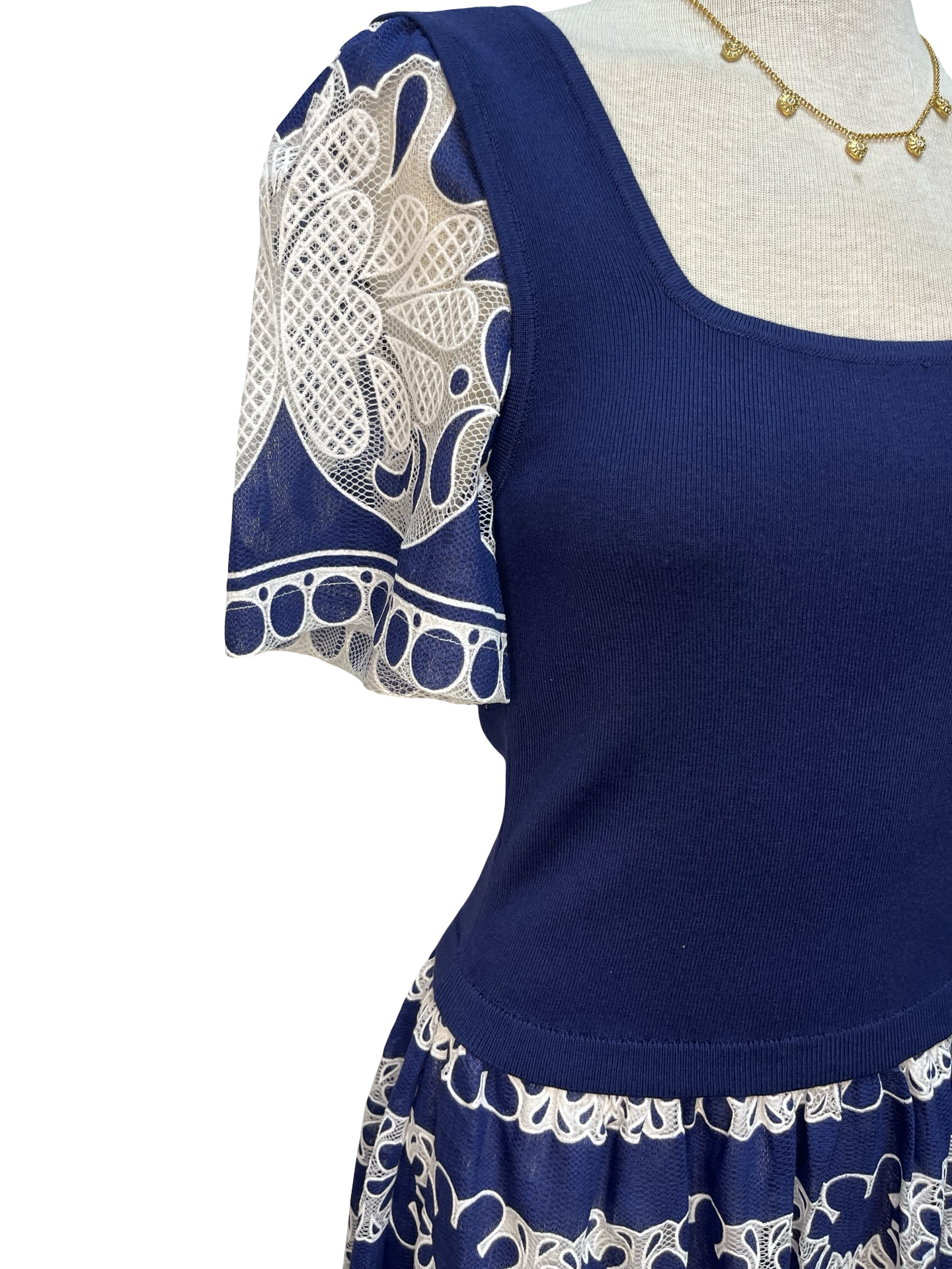 Lace Embroidered Mixed Media Dress Deep Cobalt