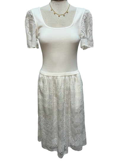 Lace Embroidered Mixed Media Dress White