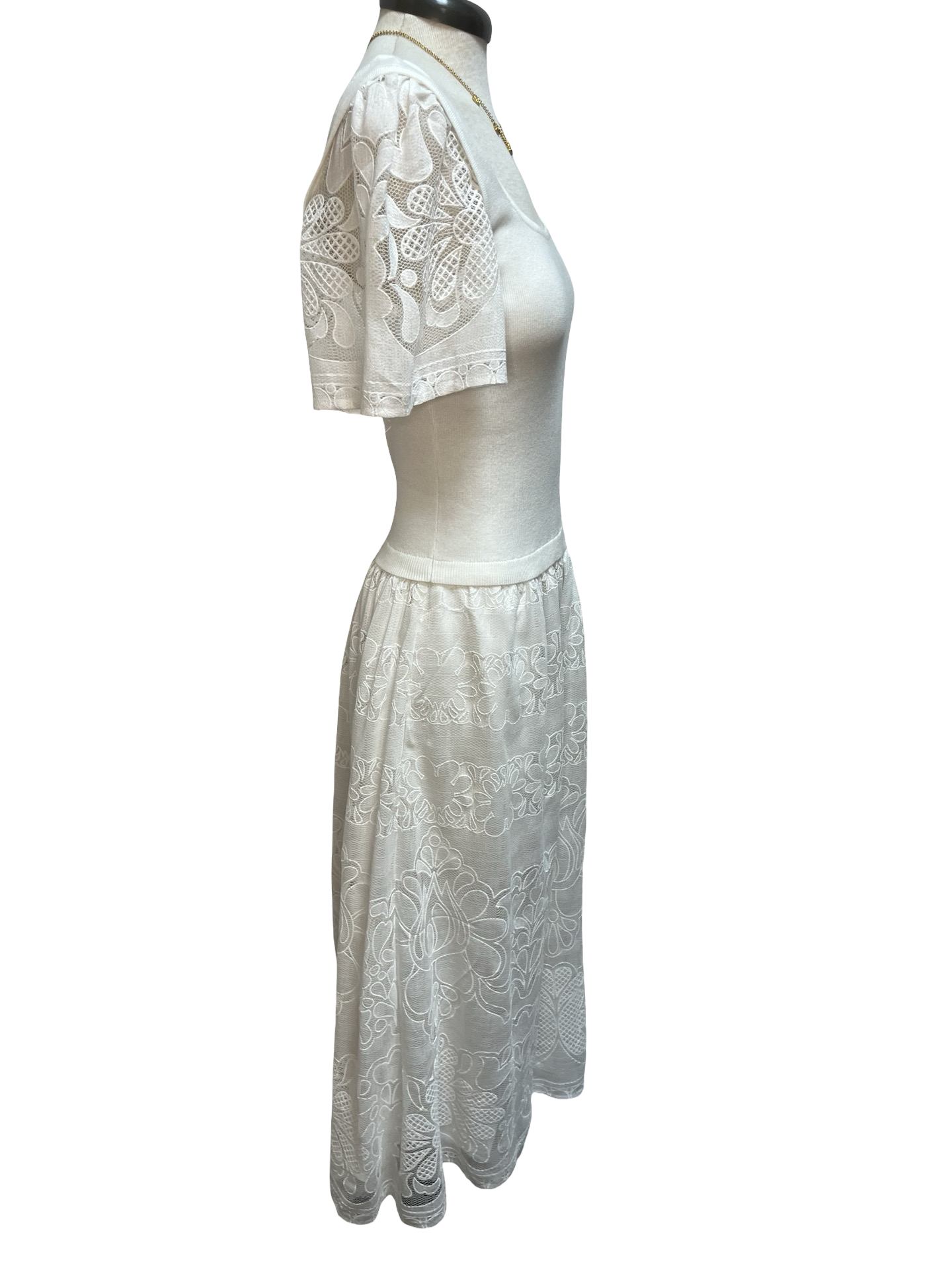 Lace Embroidered Mixed Media Dress White