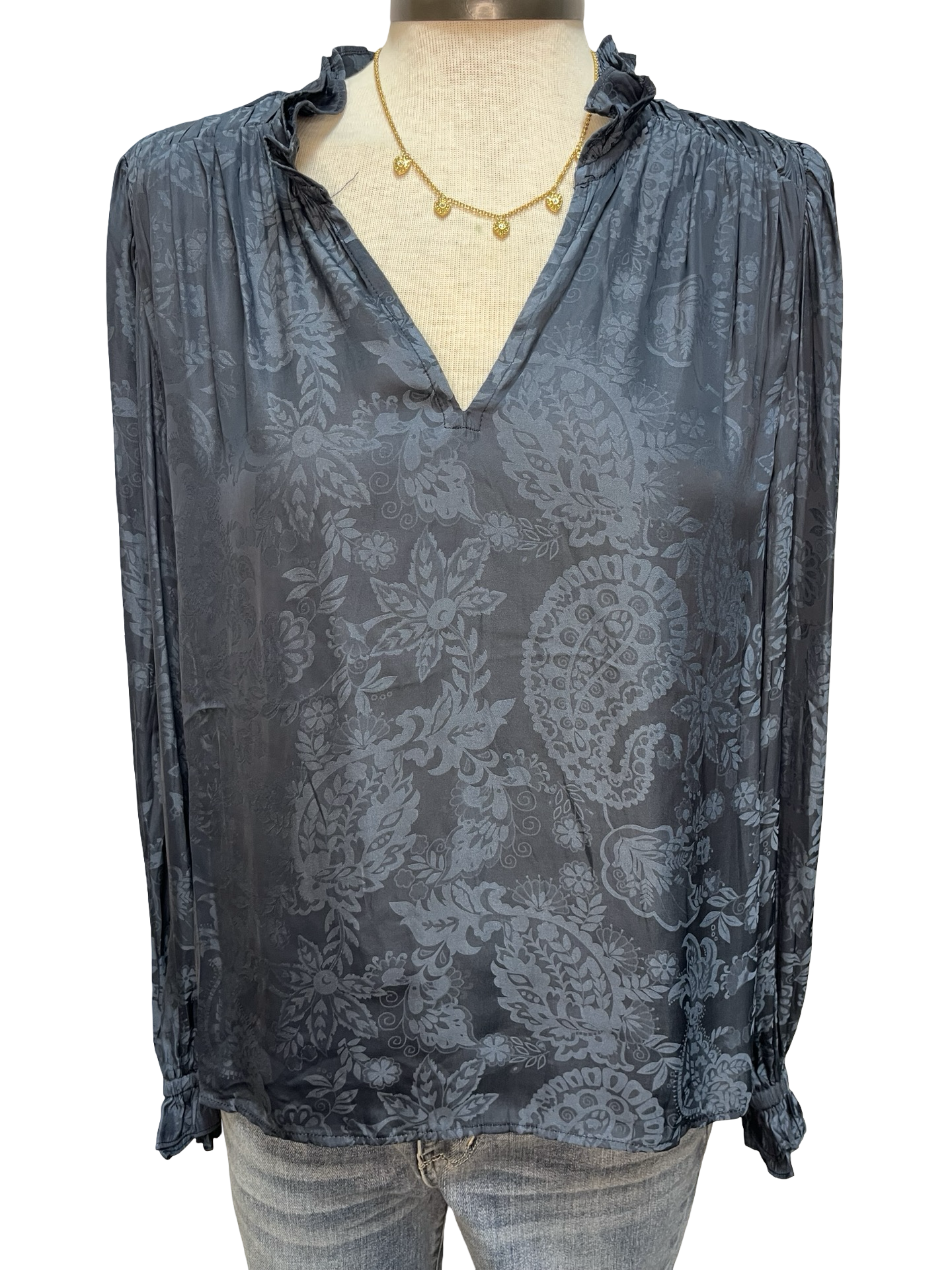 Long Sleeve Split Neck Blouse Navy