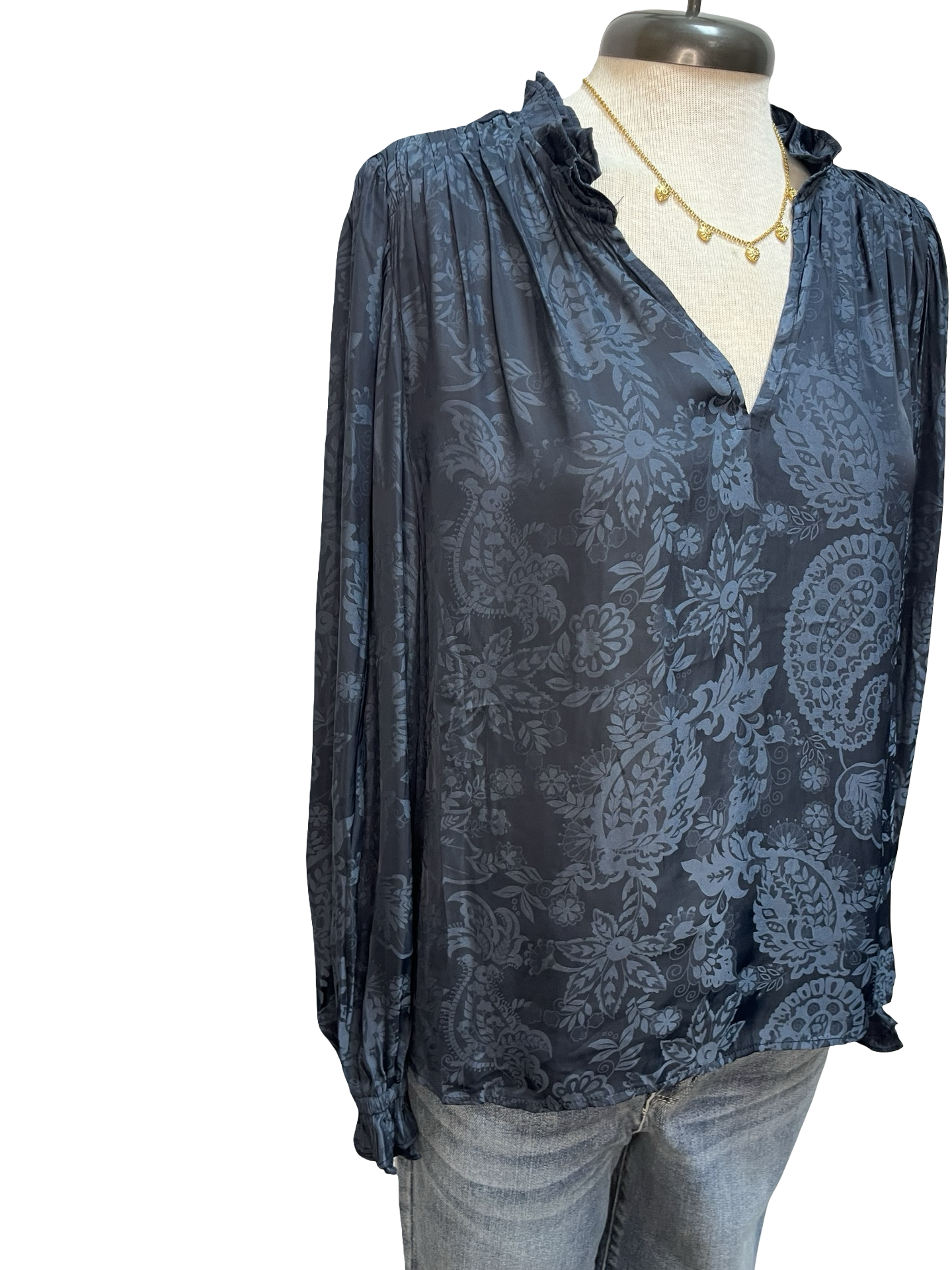 Long Sleeve Split Neck Blouse Navy