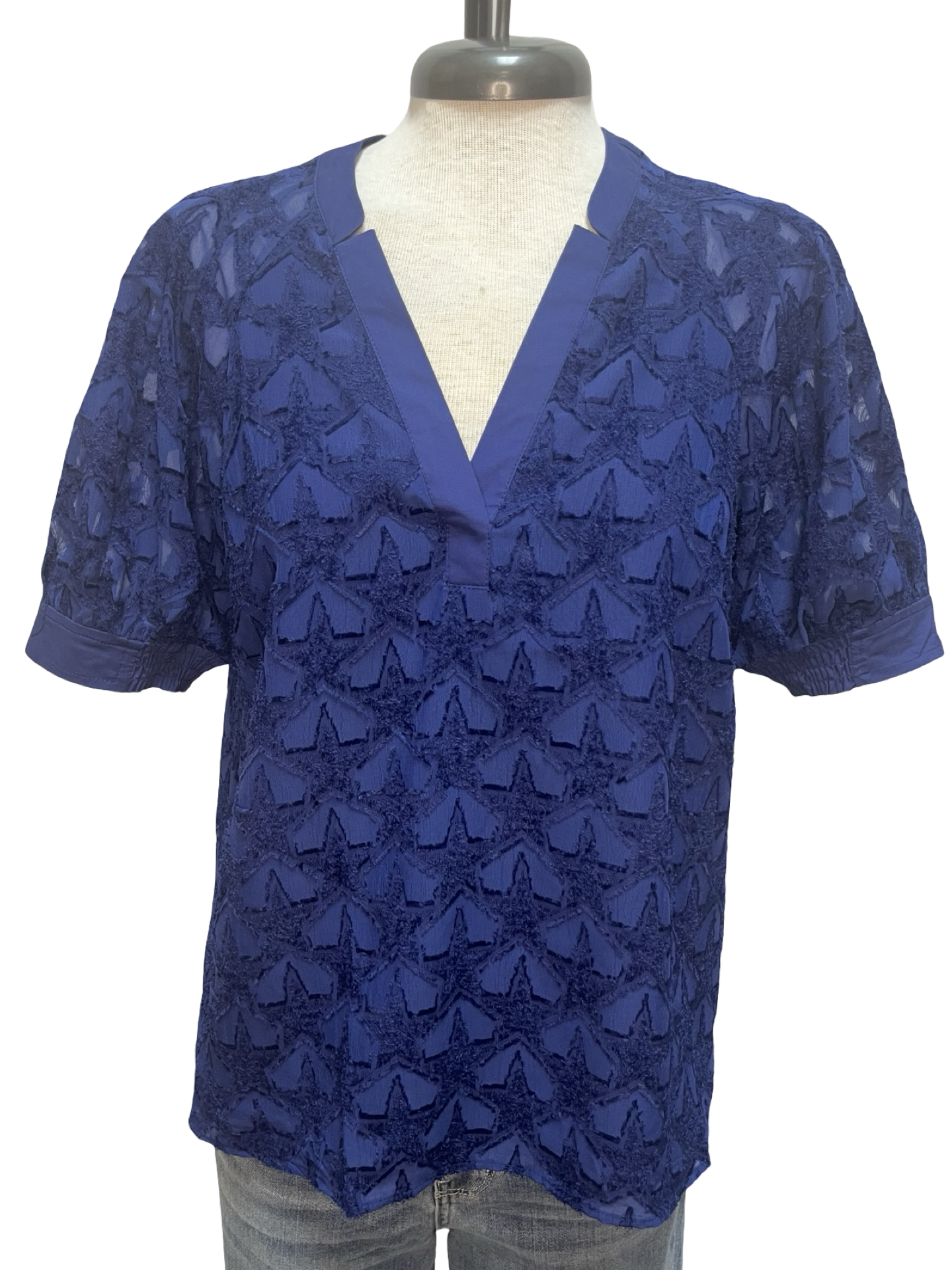 Star Pattern Textured Fabric Blouse Navy