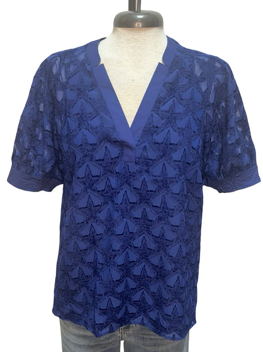 Star Pattern Textured Fabric Blouse Navy