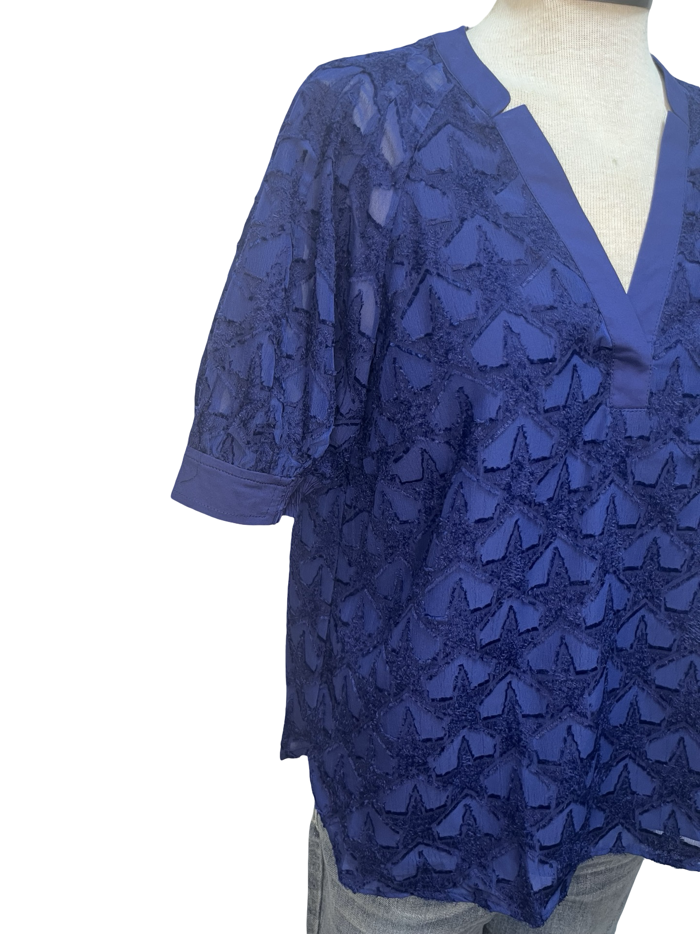 Star Pattern Textured Fabric Blouse Navy