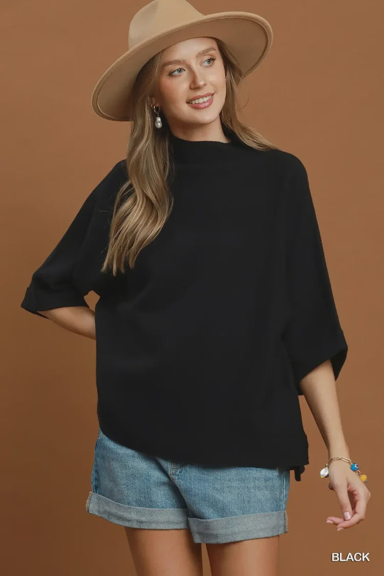 Mock Neck Dolman Sleeve Knit Top Black