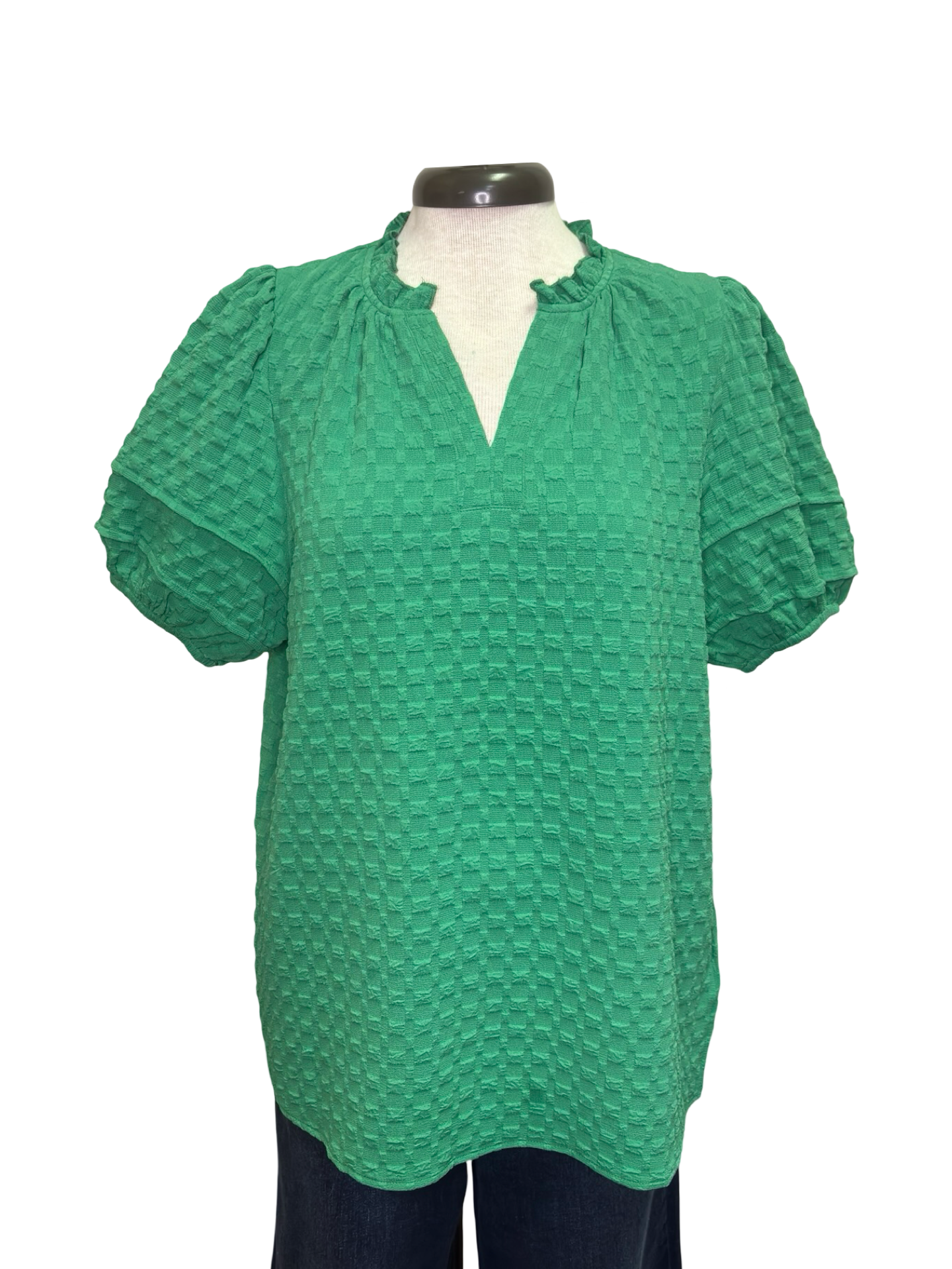 Green Textured Puff Sleeve Top